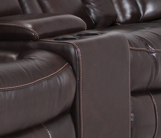 Sofa sectionnel inclinable Leo 6 pièces en cuir véritable avec console de rangement et 2 porte-gobelets - brun noyer