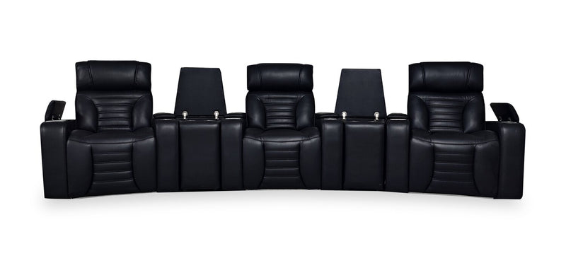 Sofa sectionnel à inclinaison électrique Zen 5 pièces de style cinéma maison en tissu d’apparence cuir avec massage et 2 consoles de rangement - noir