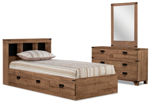 Ensemble lit matelot Driftwood 5 pièces avec tête de lit de rangement, commode et miroir, brun - format lit double