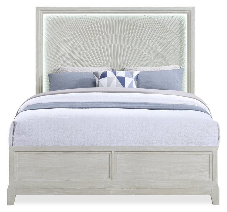 Ensemble de chambre à coucher Vida 6 pièces sable avec lit à panneaux, commode, miroir et table de nuit - format grand lit