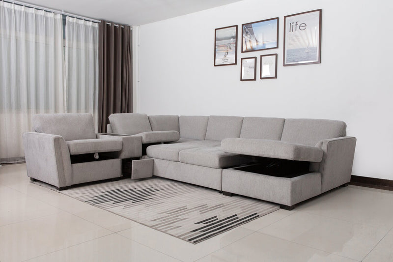 Sofa sectionnel de droite Vault 6 pièces avec causeuse-lit, 2 fauteuils de rangement et fauteuil long de rangement - gris