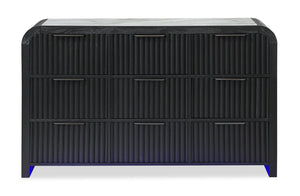 Commode de chambre à coucher cannelée moderne Kaleo de 58,5 po (L) x 17,5 po (H) à 9 tiroirs avec éclairage à DEL - noire