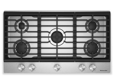 KitchenAid 36" Gas-on-Metal Cooktop with Cast-Iron Grates – Stainless Steel - KCGK336SSS | Surface de cuisson à gaz sur métal KitchenAid de 36 po avec grilles en fonte - acier inoxydable - KCGK336SSS