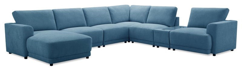 Sofa sectionnel modulaire de gauche Voyage 7 pièces en tissu avec console et coussins de dossier amovibles - bleu
