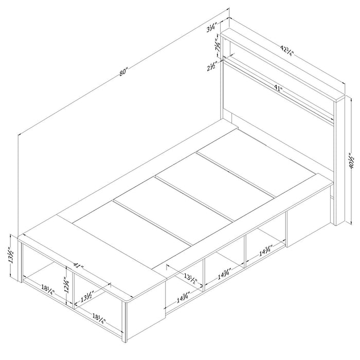 Ensemble lit plateforme et tête de lit à panneau Everley avec rangement et paniers intégrés, blanc - format lit simple