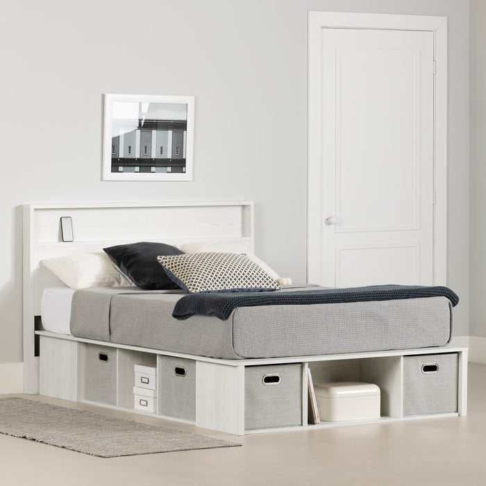 Ensemble lit plateforme et tête de lit à panneau Everley avec rangement et paniers intégrés, blanc - format lit double