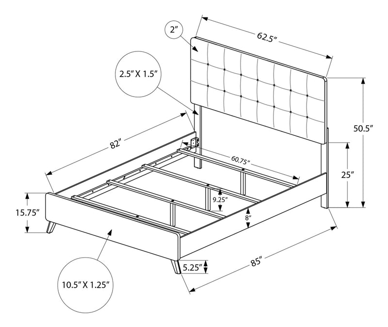 Lit à panneaux Cami en chêne gris avec tête de lit en tissu et cadre de lit - format grand lit