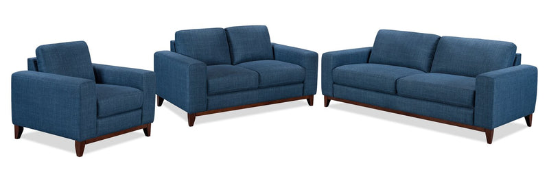 Fauteuil River de 40,1 po en tissu d’apparence lin avec base et pattes en bois - bleu