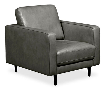 Edge 35" Genuine Leather Chair with Wood Legs and Removable Back Cushion - Grey | Fauteuil Edge de 35 po en cuir véritable avec pattes en bois et coussin de dossier amovible - gris