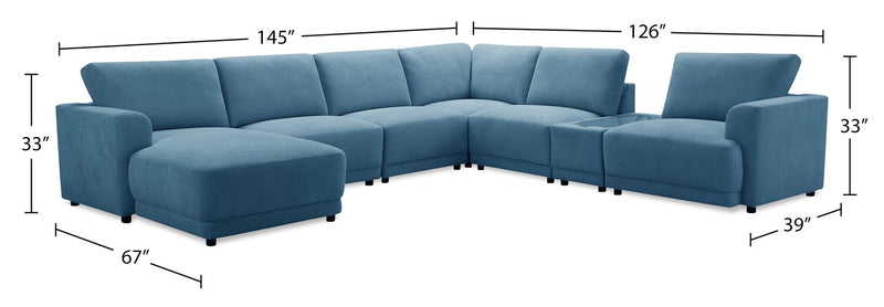 Sofa sectionnel modulaire de gauche Voyage 7 pièces en tissu avec console et coussins de dossier amovibles - bleu