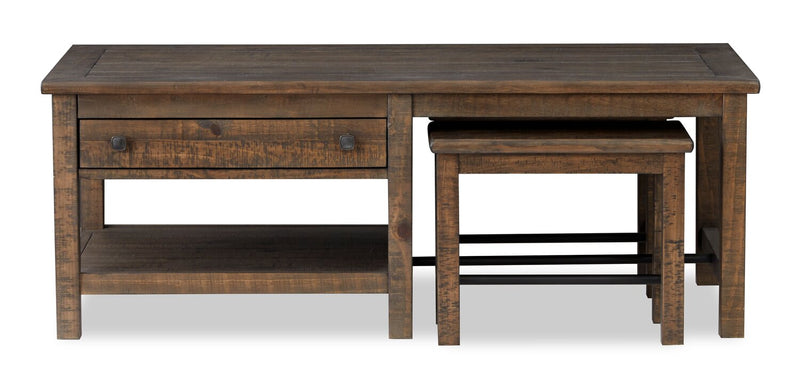 Table à café Edwin de 52 po en pin champêtre avec rangement et tabourets - brun champêtre