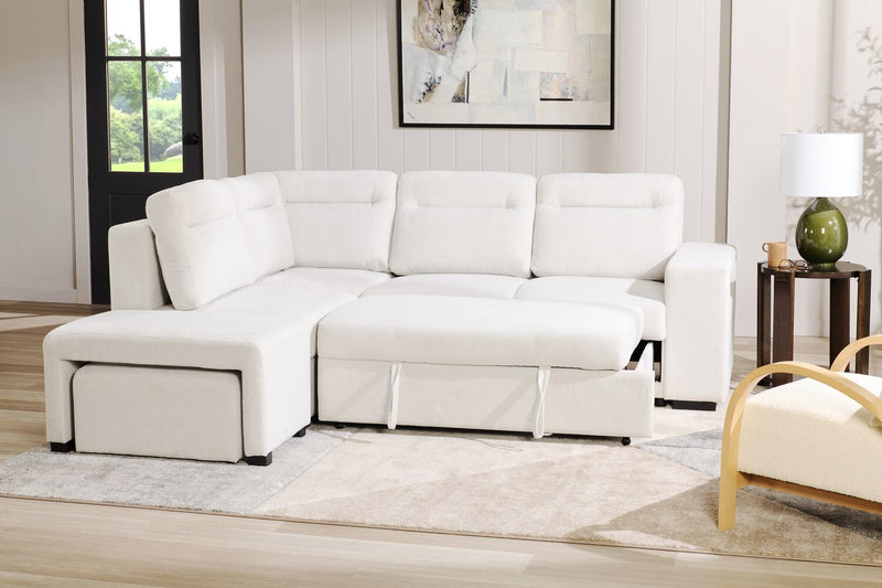 Sofa-lit sectionnel de gauche Coast 3 pièces en tissu blanc ivoire avec fauteuil long de rangement et accoudoir de rangement