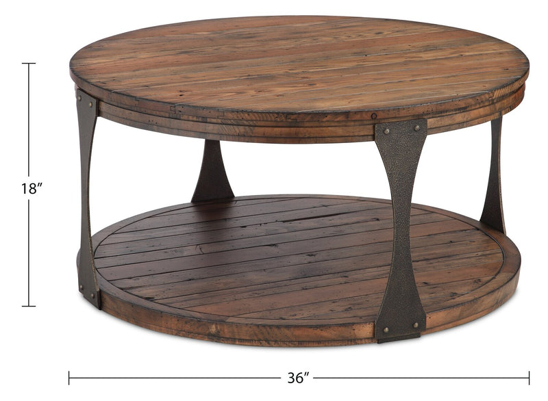Table à café ronde industrielle Albany de 36 po en pin avec tablette et roulettes - bourbon