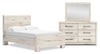 Ensemble de chambre à coucher Derekson 5 pièces blanc rustique avec lit à panneaux, commode et miroir - format lit double