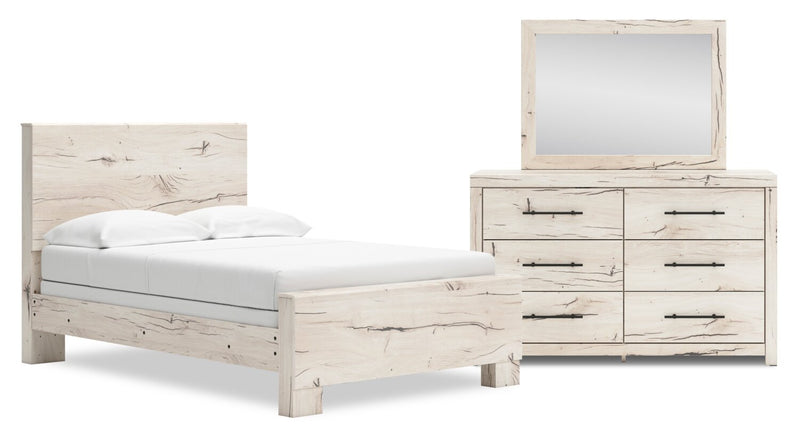 Ensemble de chambre à coucher Derekson 5 pièces blanc rustique avec lit à panneaux, commode et miroir - format lit double