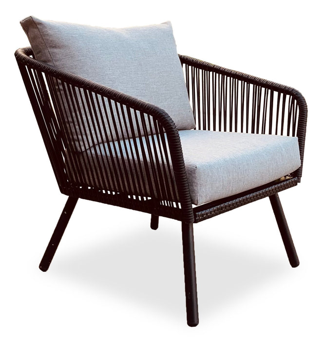 Ensemble de conversation Porto 4 pièces pour la terrasse à l’extérieur avec causeuse, 2 fauteuils et table à café - osier de type corde et métal, résistant aux rayons UV et aux intempéries - noir et gris