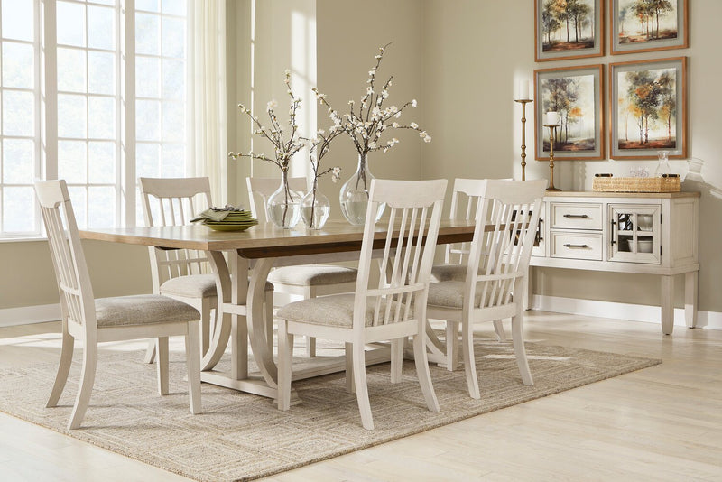 Ensemble de salle à manger Quill 7 pièces avec table de 72 po à 90 po (L), base à tréteaux et 6 chaises - blanc antique et brun
