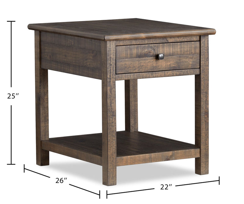 Table de bout Edwin de 22 po en pin champêtre avec rangement - brun champêtre