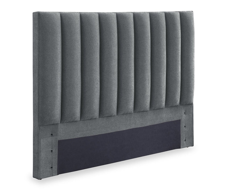 Lit plateforme Amos rembourré en tissu anthracite avec tête de lit à canaux - format grand lit