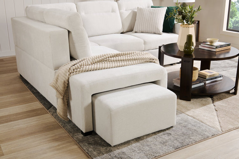 Sofa-lit sectionnel de gauche Coast 3 pièces en tissu blanc ivoire avec fauteuil long de rangement et accoudoir de rangement