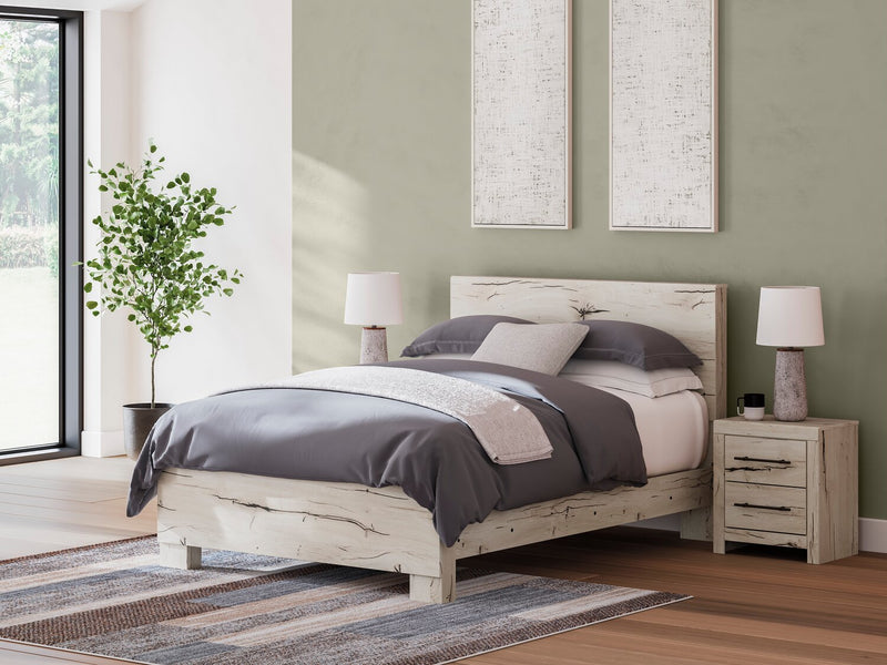 Ensemble de chambre à coucher Derekson 6 pièces blanc rustique avec lit à panneaux, commode, miroir et table de nuit - format grand lit