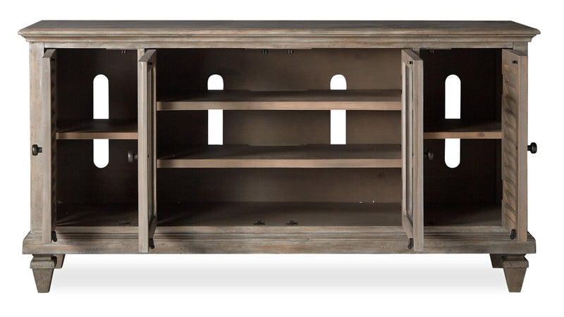 Meuble pour téléviseur rustique Baron de 62 po en pin avec rangement et système de gestion des câbles pour téléviseurs jusqu’à 70 po - gris tourterelle