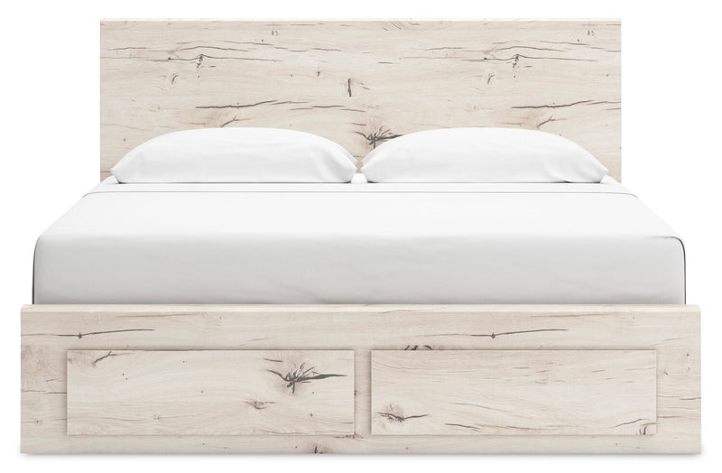 Ensemble de chambre à coucher Derekson 5 pièces blanc rustique avec lit de rangement, commode et miroir - format très grand lit