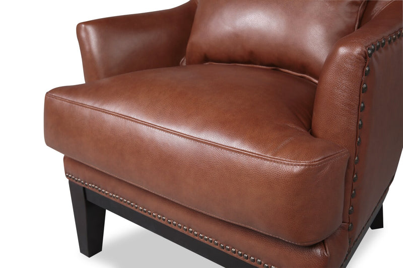 Fauteuil d’appoint Haden de 30 po en cuir véritable avec base en bois et bordure de clous décoratifs - brun pavé Sidekick