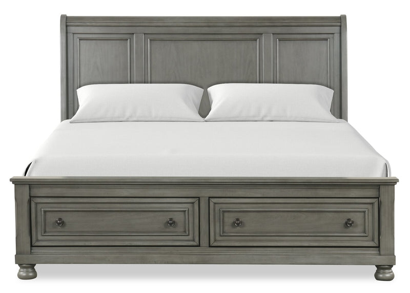 Ensemble de chambre à coucher Chelsea 6 pièces gris avec lit de rangement, commode et miroir - format très grand lit
