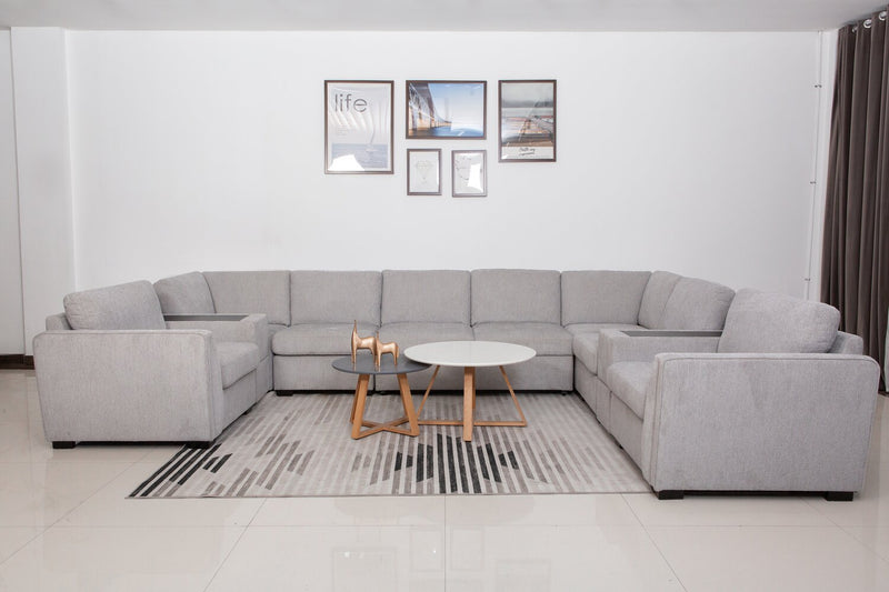 Sofa sectionnel Vault 9 pièces avec causeuse-lit, 4 fauteuils de rangement et console de rangement avec USB - gris