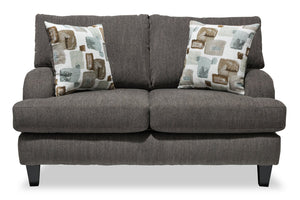Causeuse Nofia de 58 po fabriquée au Canada en tissu de chenille avec 2 coussins décoratifs et pattes en bois - gris anthracite