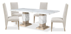 Ensemble de salle à manger Vega 5 pièces avec table de 82 po (L), imitation de marbre, base piédestal et 4 chaises - naturel et blanc