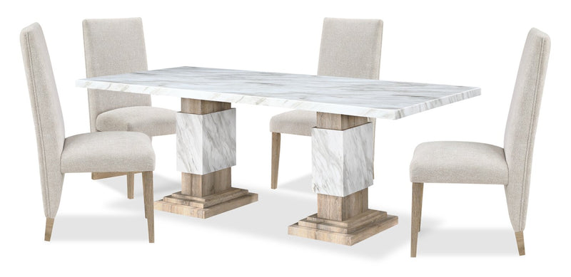 Ensemble de salle à manger Vega 5 pièces avec table de 82 po (L), imitation de marbre, base piédestal et 4 chaises - naturel et blanc