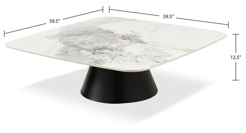 Ensemble table à café de 39,5 po et table de bout modernes Hazel avec dessus en pierre frittée blanche - noir et blanc
