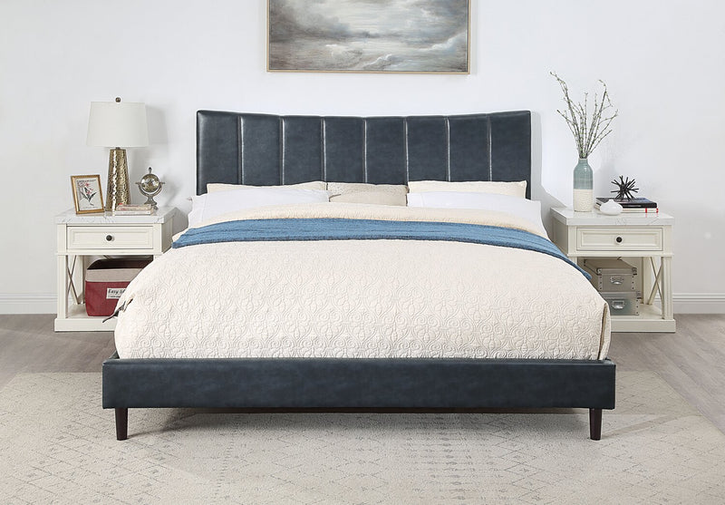 Lit plateforme rembourré Paseo en tissu de cuir végétalien bleu marine - format très grand lit