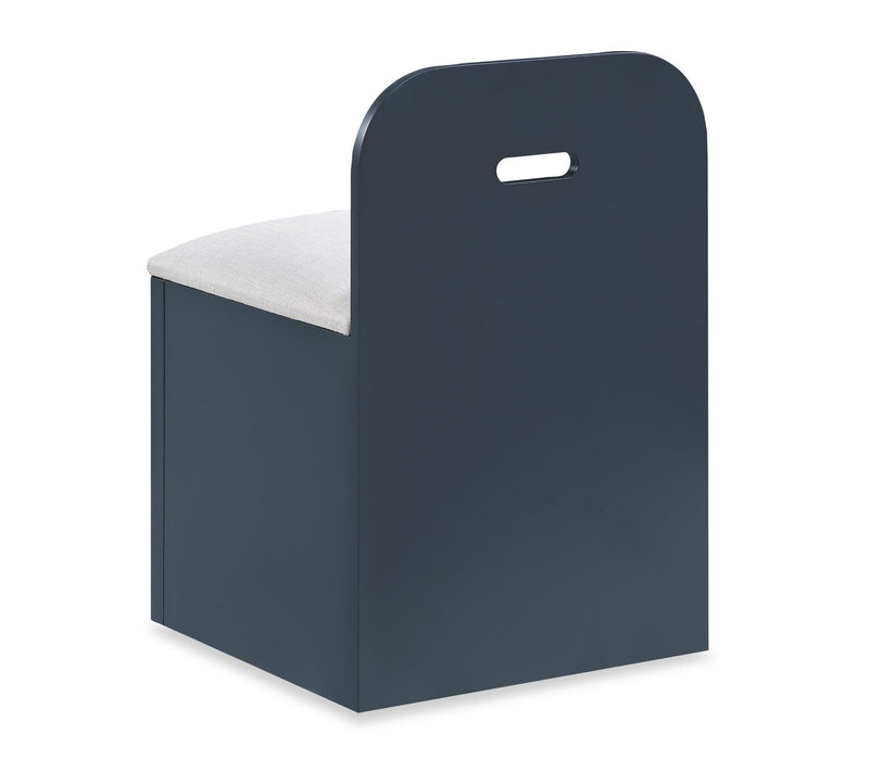 Lit plateforme Quinn avec tête de lit bibliothèque, bureau intégré et tabouret, bleu - format lit double