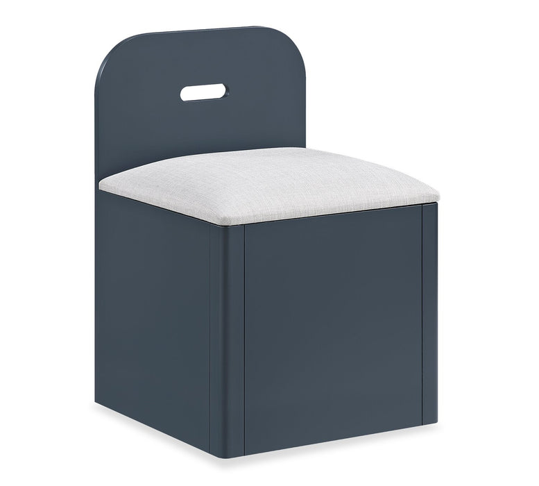 Lit plateforme Quinn avec tête de lit bibliothèque, bureau intégré et tabouret, bleu - format lit simple