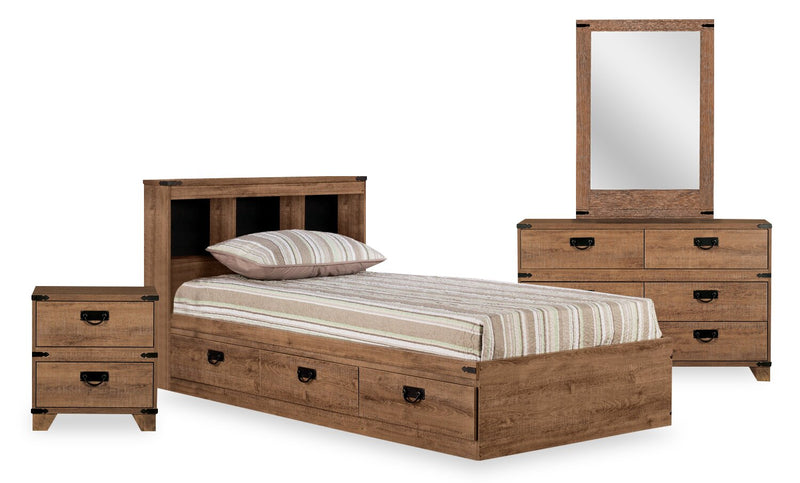 Ensemble lit matelot Driftwood 6 pièces avec tête de lit de rangement, commode, miroir et table de nui, brun - format lit simple