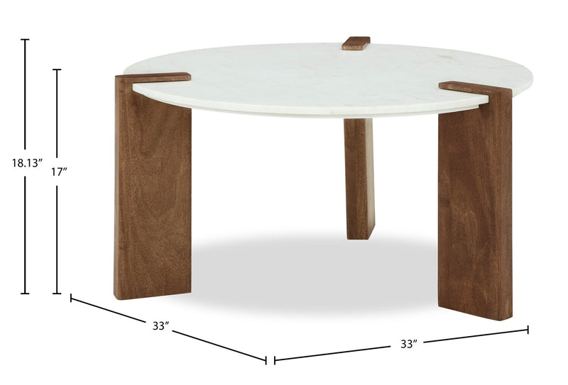 Table à café ronde Merlin de 33 po en bois massif et en marbre - blanche et brune