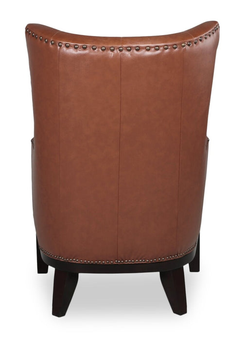 Fauteuil d’appoint Haden de 30 po en cuir véritable avec base en bois et bordure de clous décoratifs - brun pavé Sidekick