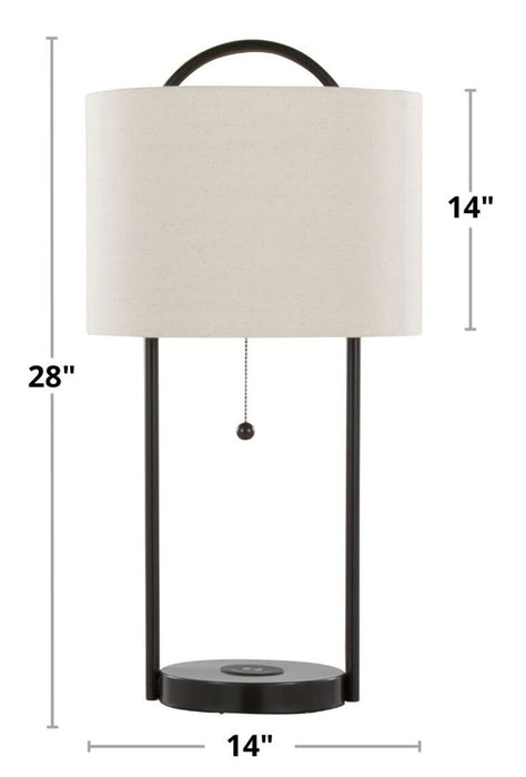 Lampe de table Orbit de 28 po en métal avec recharge sans fil et abat-jour en lin naturel – bronze huilé
