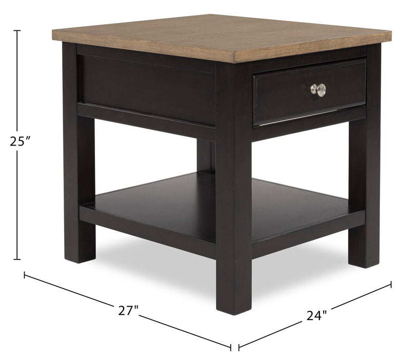 Table de bout Wells de 24 po en bois massif avec rangement et tablette - deux teintes de brun