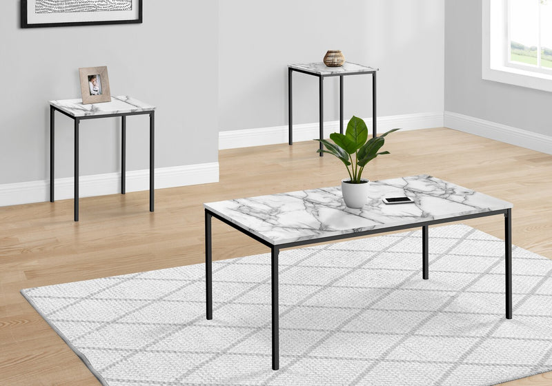 Ensemble 3 tables modernes Easton de 42 po (table à café et 2 tables de bout) - imitation de marbre avec pattes en métal noir