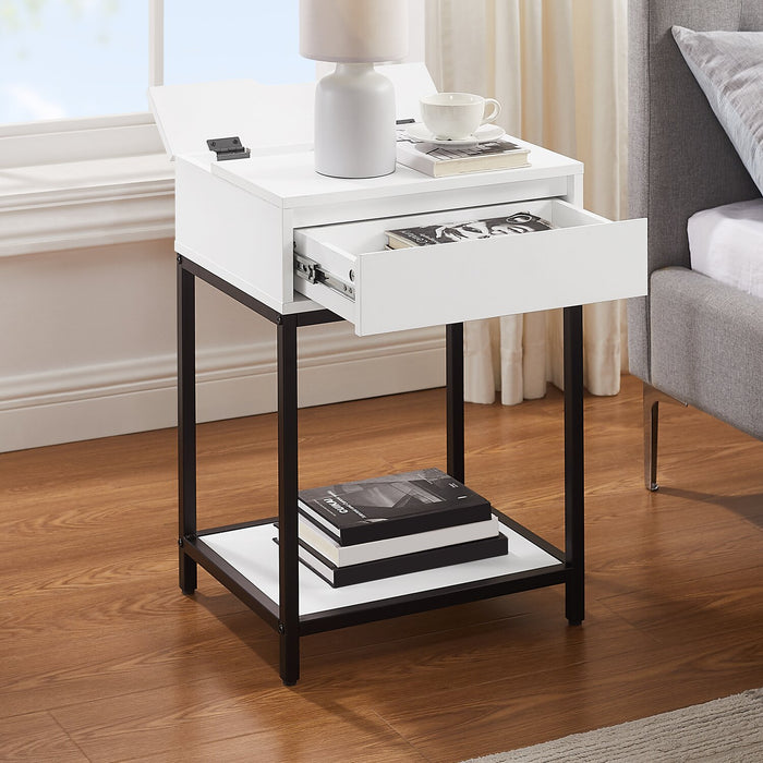 Table de nuit Akio de 18 po (l) x 25,75 po (H) à 1 tiroir avec dessus relevable et rangement - blanche et noire