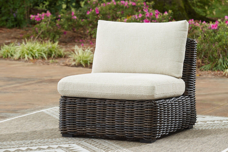Fauteuil sans accoudoirs Halifax pour la terrasse à l’extérieur - osier en résine, tissu Nuvella - brun et beige