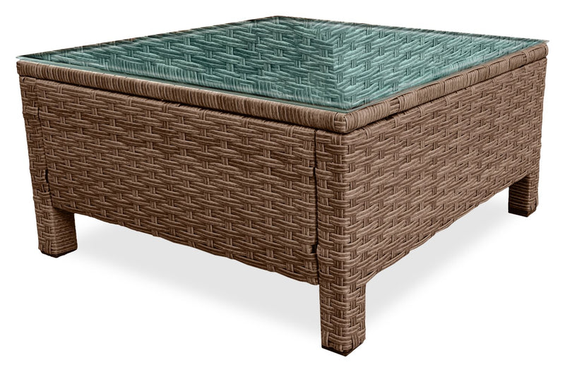 Ensemble de conversation Miami 3 pièces pour la terrasse à l’extérieur avec sofa, pouf et table à café à dessus en verre - osier en résine tressé à la main, résistant aux rayons UV et aux intempéries - brun et taupe