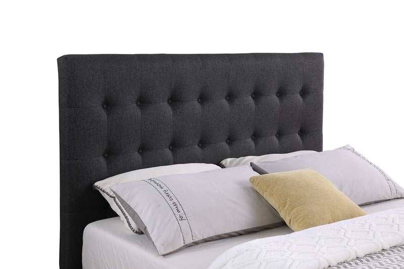 Lit rembourré Beck en tissu gris foncé avec rangement et capitonnage à boutons - format très grand lit