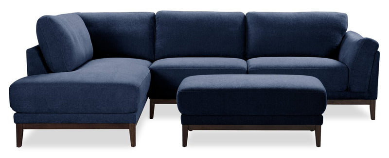 Sofa sectionnel de gauche Horizon 2 pièces en tissu avec base et pattes en bois - bleu marine