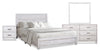 Ensemble de chambre à coucher Arbor 6 pièces bois de grève blanc avec lit à panneaux, commode, miroir et table de nuit - format très grand lit