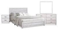  Ensemble de chambre à coucher Arbor 6 pièces bois de grève blanc avec lit à panneaux, commode, miroir et table de nuit - format très grand lit